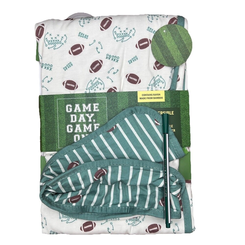 Baby Boy Travel Blanket Reversible Sports Theme Green Stripes Rayon Game Day New